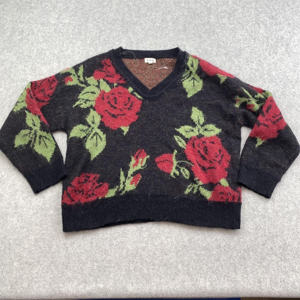 POL Sweater Womens Small Black Rose Floral V Neck Pullover Knit Fuzzy YST721